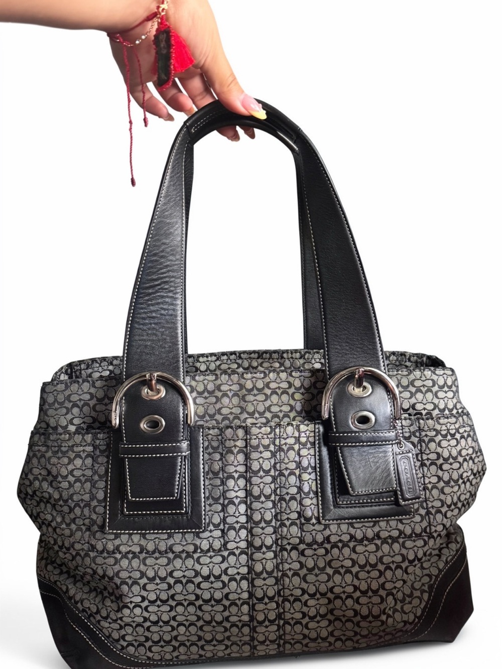 Vintage Coach Gray Signature Monogram Shoulder Tote with Black Trim
